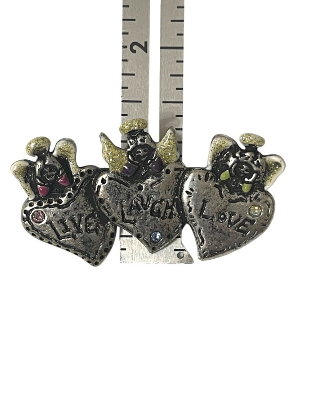 Three Angel Brooch Pin Live Laugh Love Enameled Glitter Wings & Halo Rhinestones - Picture 12 of 12